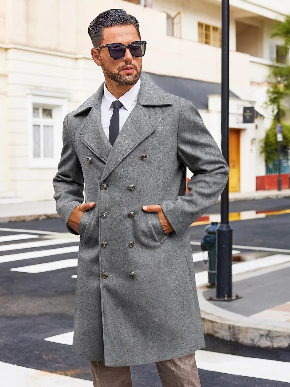 Runcati Mens Double Breasted Trench Coat Notch Lapel Peacoat Mid Long Winter Classic Overcoat