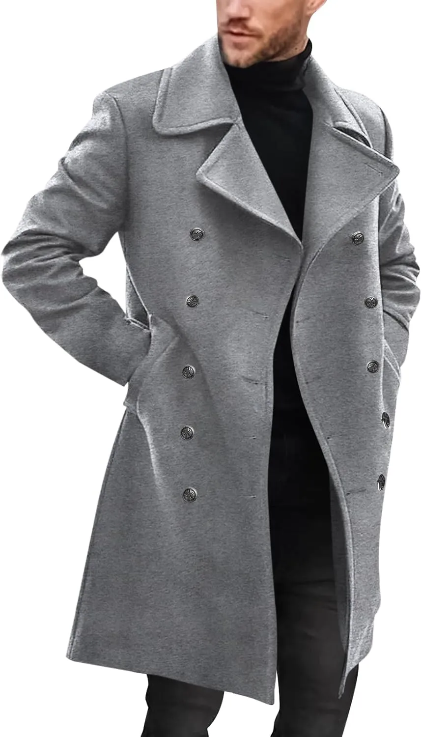 Runcati Mens Double Breasted Trench Coat Notch Lapel Peacoat Mid Long Winter Classic Overcoat