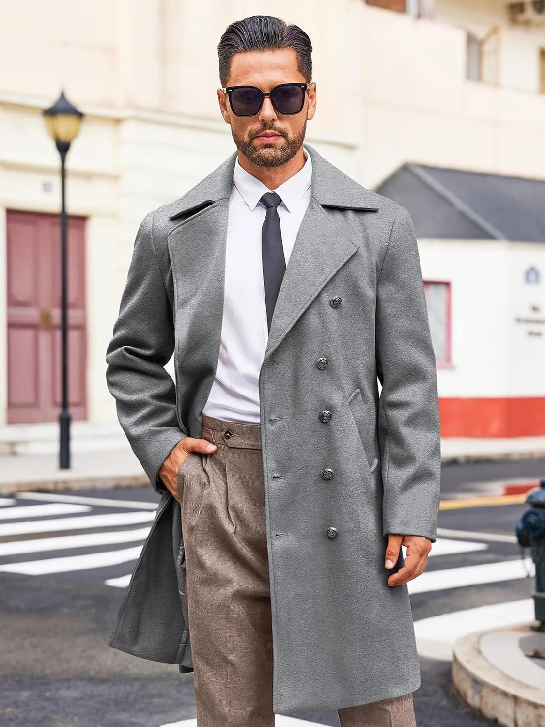 Runcati Mens Double Breasted Trench Coat Notch Lapel Peacoat Mid Long Winter Classic Overcoat
