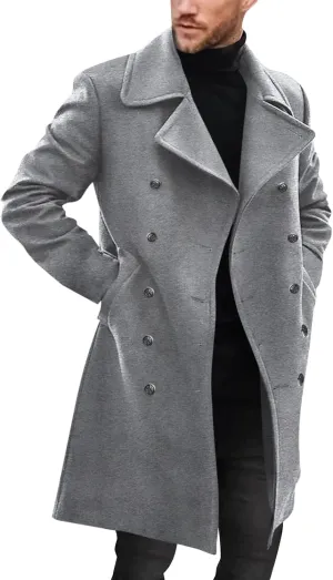 Runcati Mens Double Breasted Trench Coat Notch Lapel Peacoat Mid Long Winter Classic Overcoat