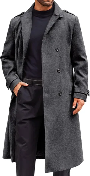 Runcati Mens Double Breasted Trench Coat Notched Lapel Long Peacoat Classic Casual Winter Overcoat