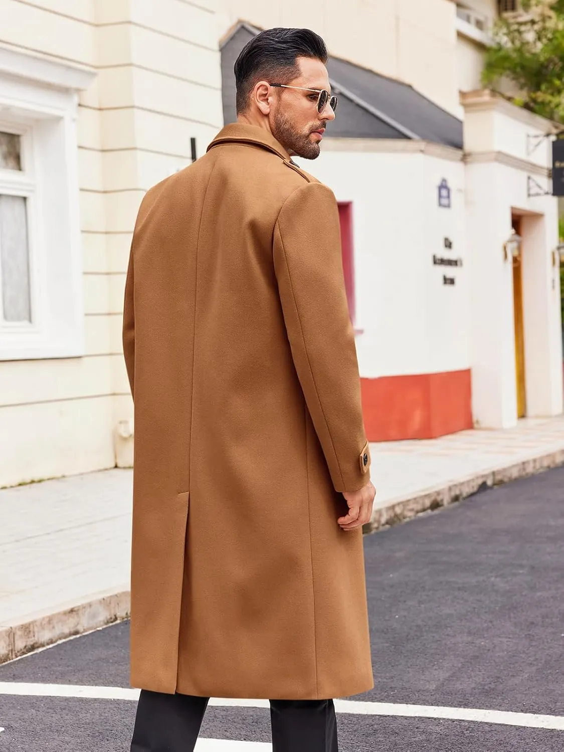 Runcati Mens Double Breasted Trench Coat Notched Lapel Long Peacoat Classic Casual Winter Overcoat