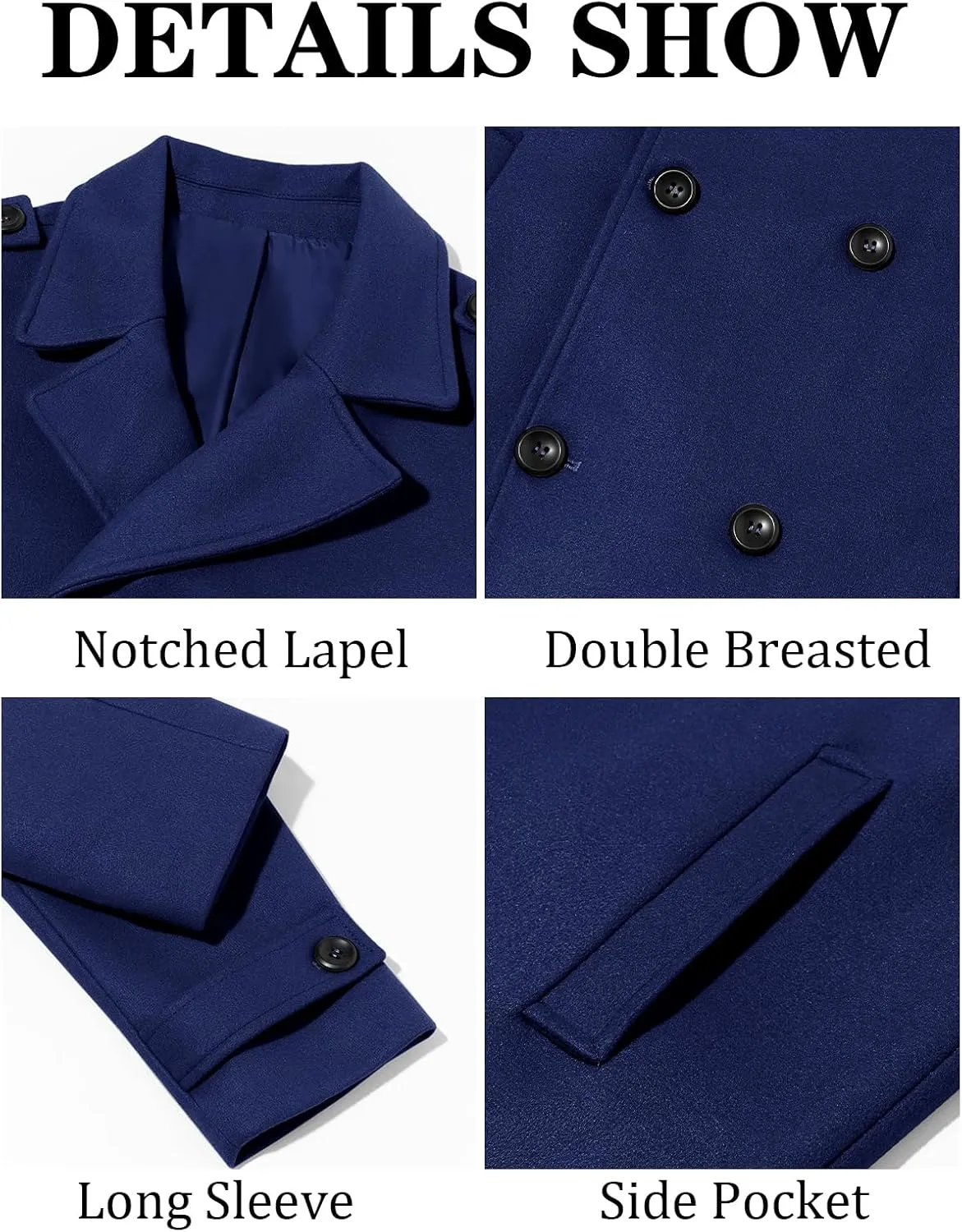 Runcati Mens Double Breasted Trench Coat Notched Lapel Long Peacoat Classic Casual Winter Overcoat