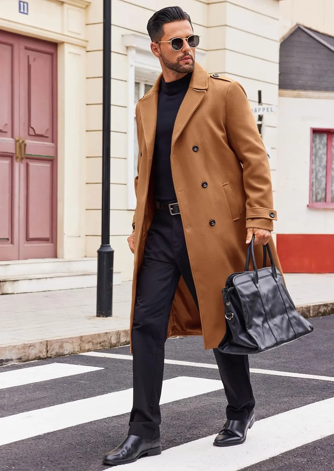 Runcati Mens Double Breasted Trench Coat Notched Lapel Long Peacoat Classic Casual Winter Overcoat