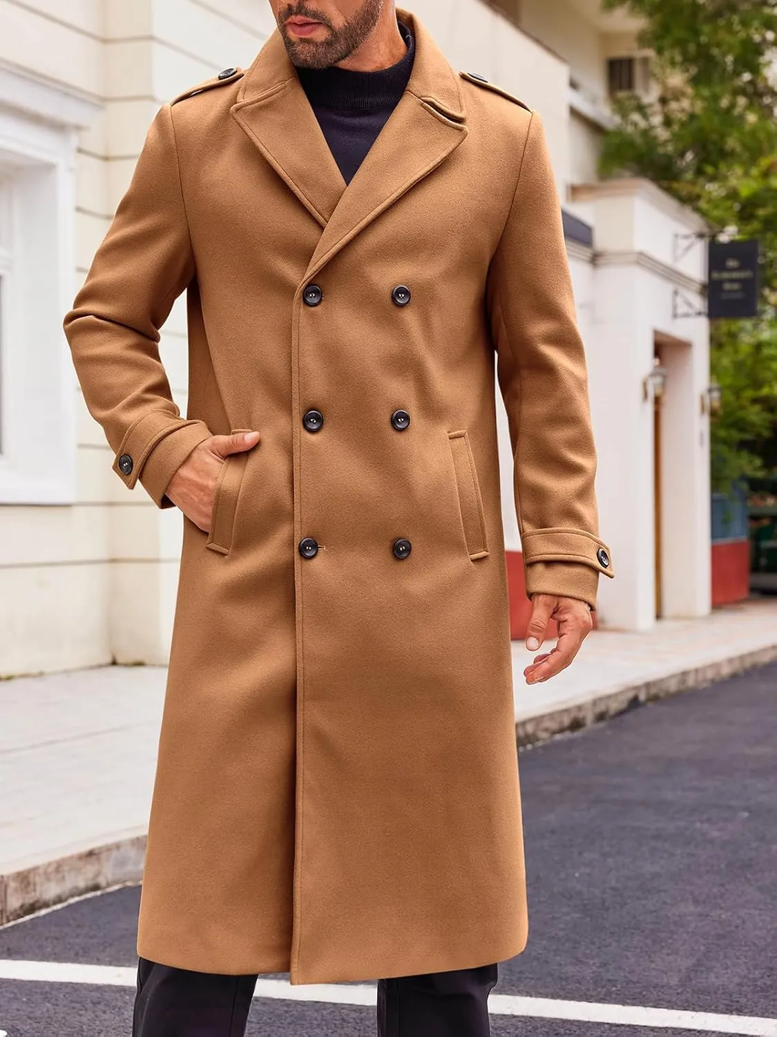 Runcati Mens Double Breasted Trench Coat Notched Lapel Long Peacoat Classic Casual Winter Overcoat