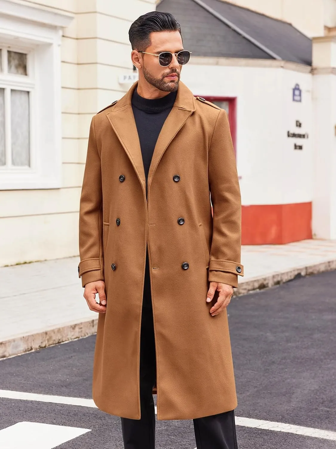 Runcati Mens Double Breasted Trench Coat Notched Lapel Long Peacoat Classic Casual Winter Overcoat