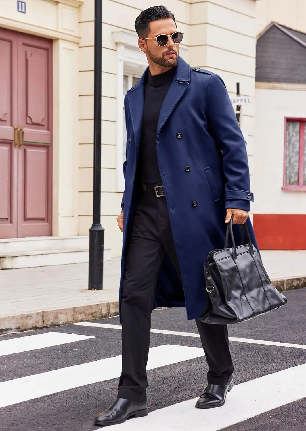 Runcati Mens Double Breasted Trench Coat Notched Lapel Long Peacoat Classic Casual Winter Overcoat