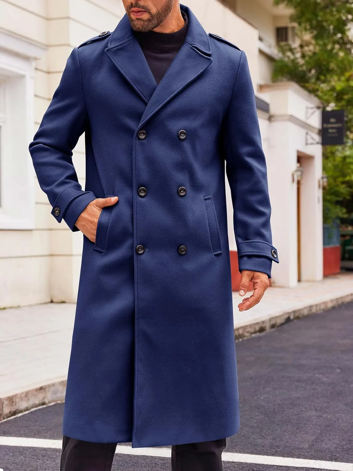 Runcati Mens Double Breasted Trench Coat Notched Lapel Long Peacoat Classic Casual Winter Overcoat