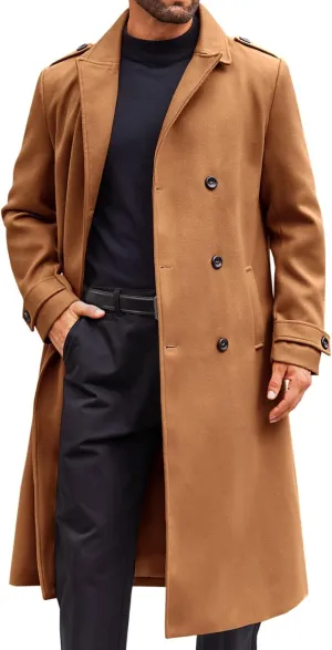 Runcati Mens Double Breasted Trench Coat Notched Lapel Long Peacoat Classic Casual Winter Overcoat