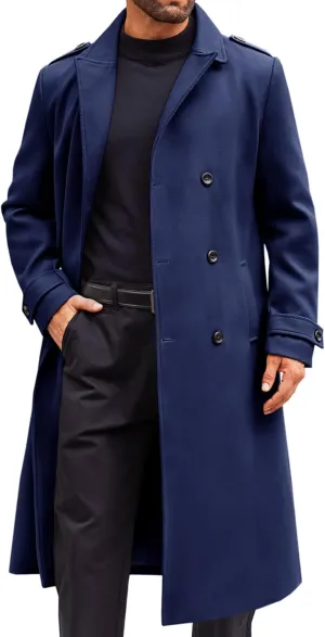 Runcati Mens Double Breasted Trench Coat Notched Lapel Long Peacoat Classic Casual Winter Overcoat