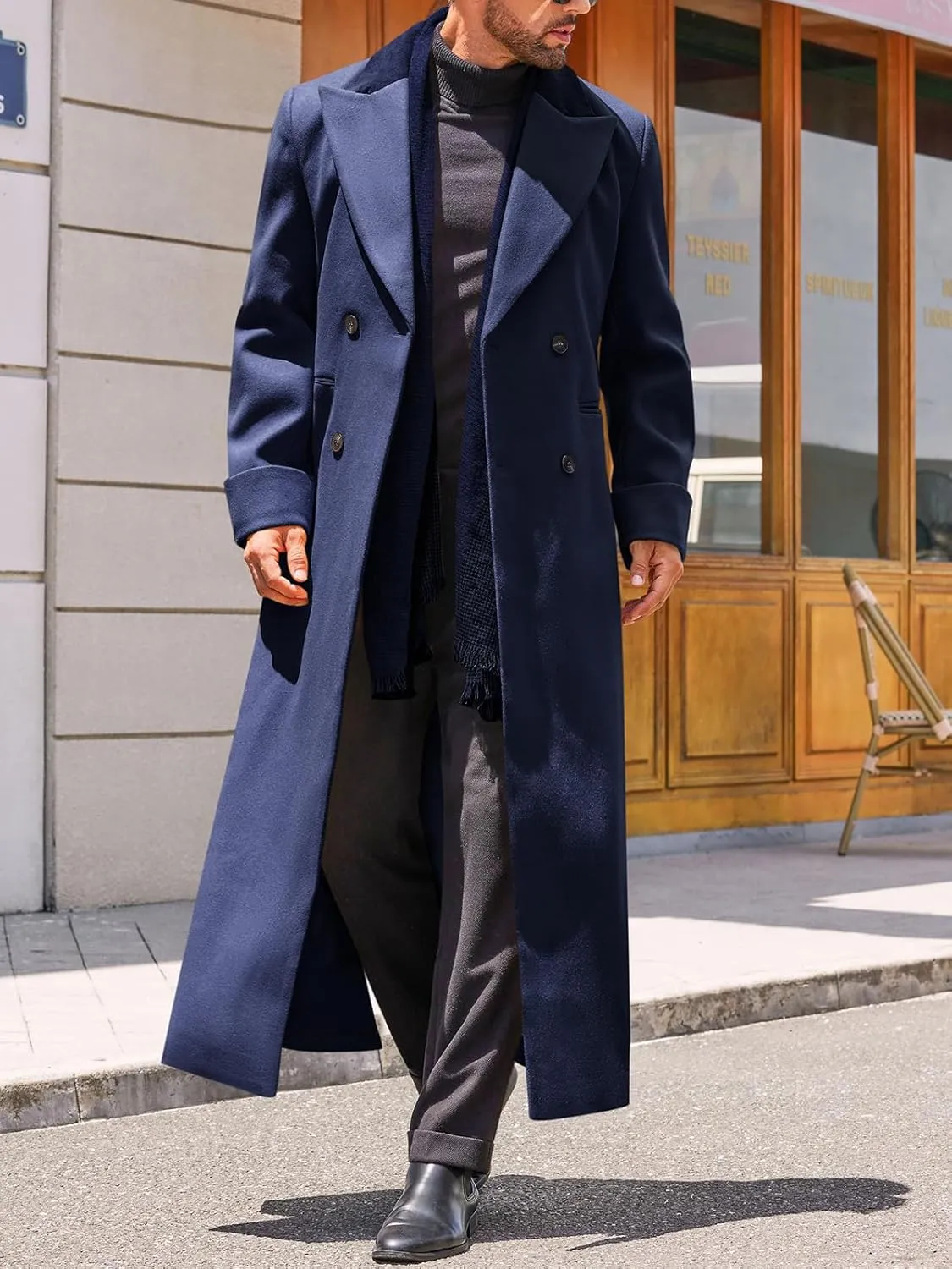 Runcati Mens Full Length Trench Coat Notched Lapel Long Jacket Double Breasted Classic Winter Overcoat