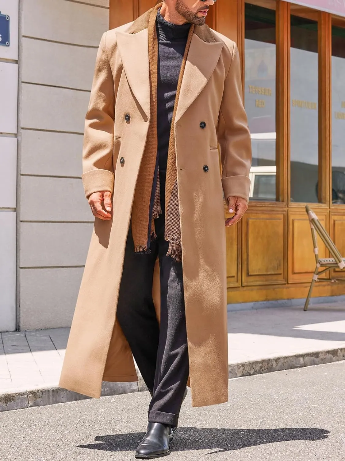 Runcati Mens Full Length Trench Coat Notched Lapel Long Jacket Double Breasted Classic Winter Overcoat