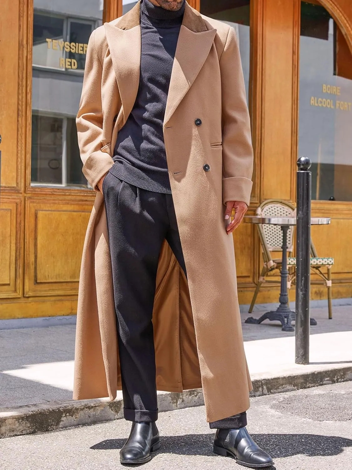 Runcati Mens Full Length Trench Coat Notched Lapel Long Jacket Double Breasted Classic Winter Overcoat