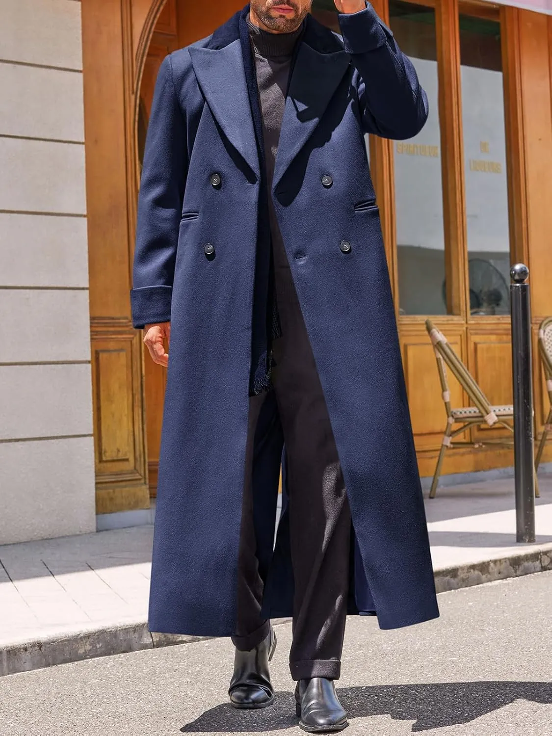 Runcati Mens Full Length Trench Coat Notched Lapel Long Jacket Double Breasted Classic Winter Overcoat