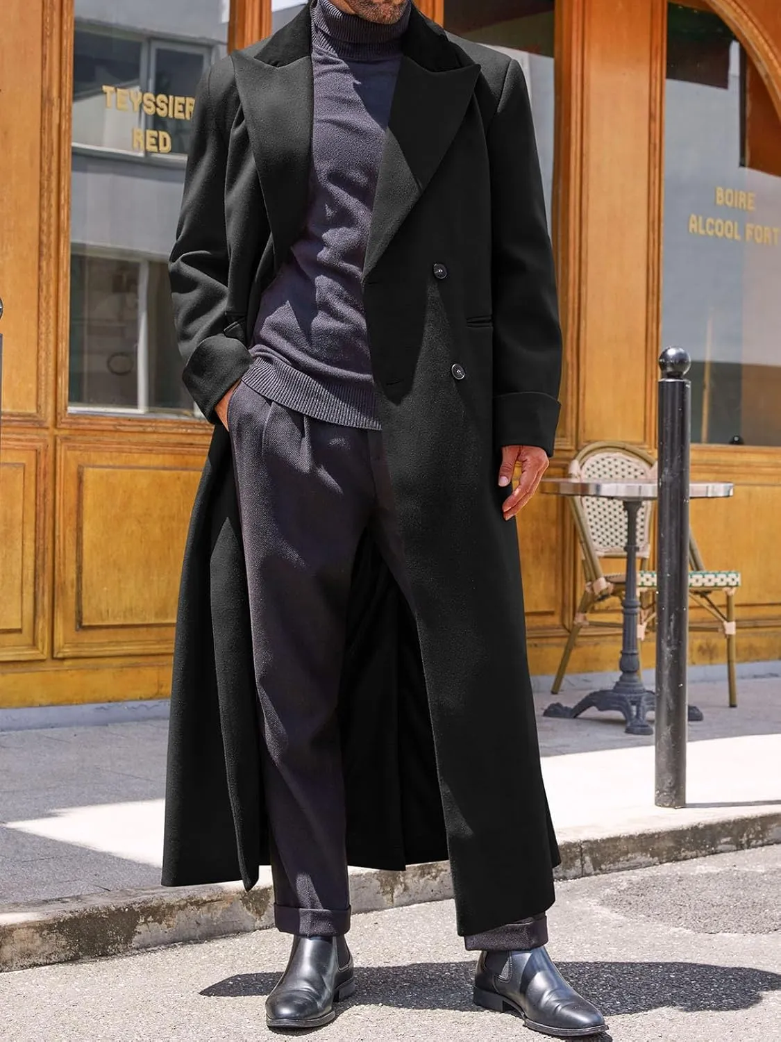 Runcati Mens Full Length Trench Coat Notched Lapel Long Jacket Double Breasted Classic Winter Overcoat