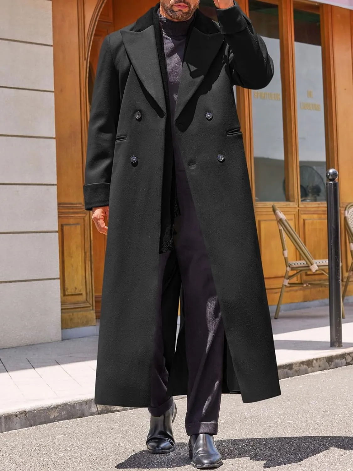 Runcati Mens Full Length Trench Coat Notched Lapel Long Jacket Double Breasted Classic Winter Overcoat