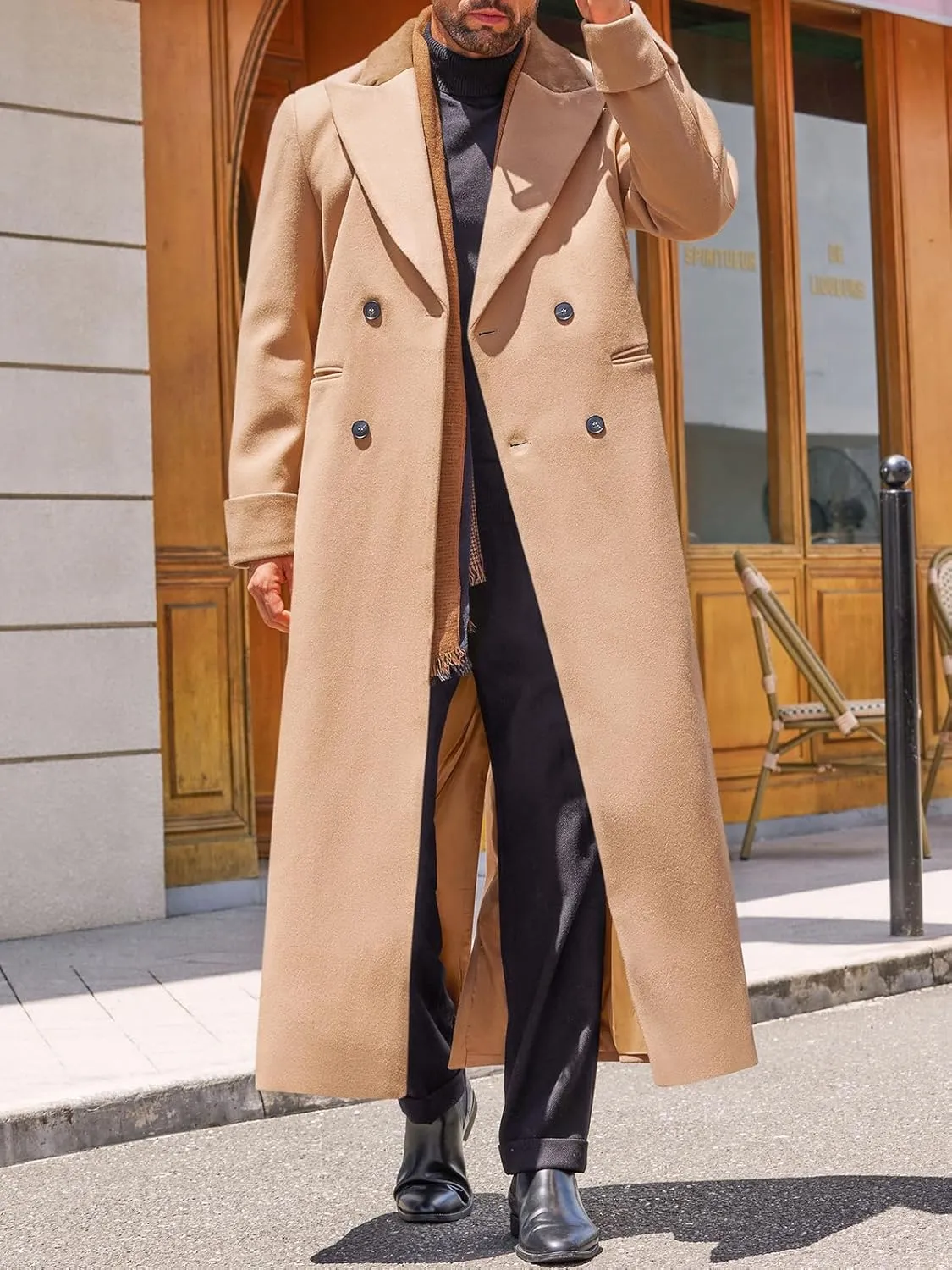Runcati Mens Full Length Trench Coat Notched Lapel Long Jacket Double Breasted Classic Winter Overcoat