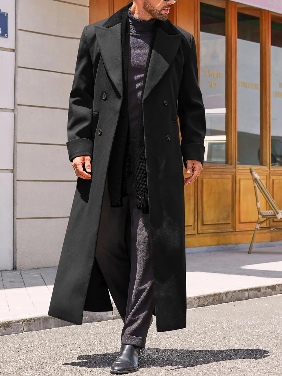 Runcati Mens Full Length Trench Coat Notched Lapel Long Jacket Double Breasted Classic Winter Overcoat