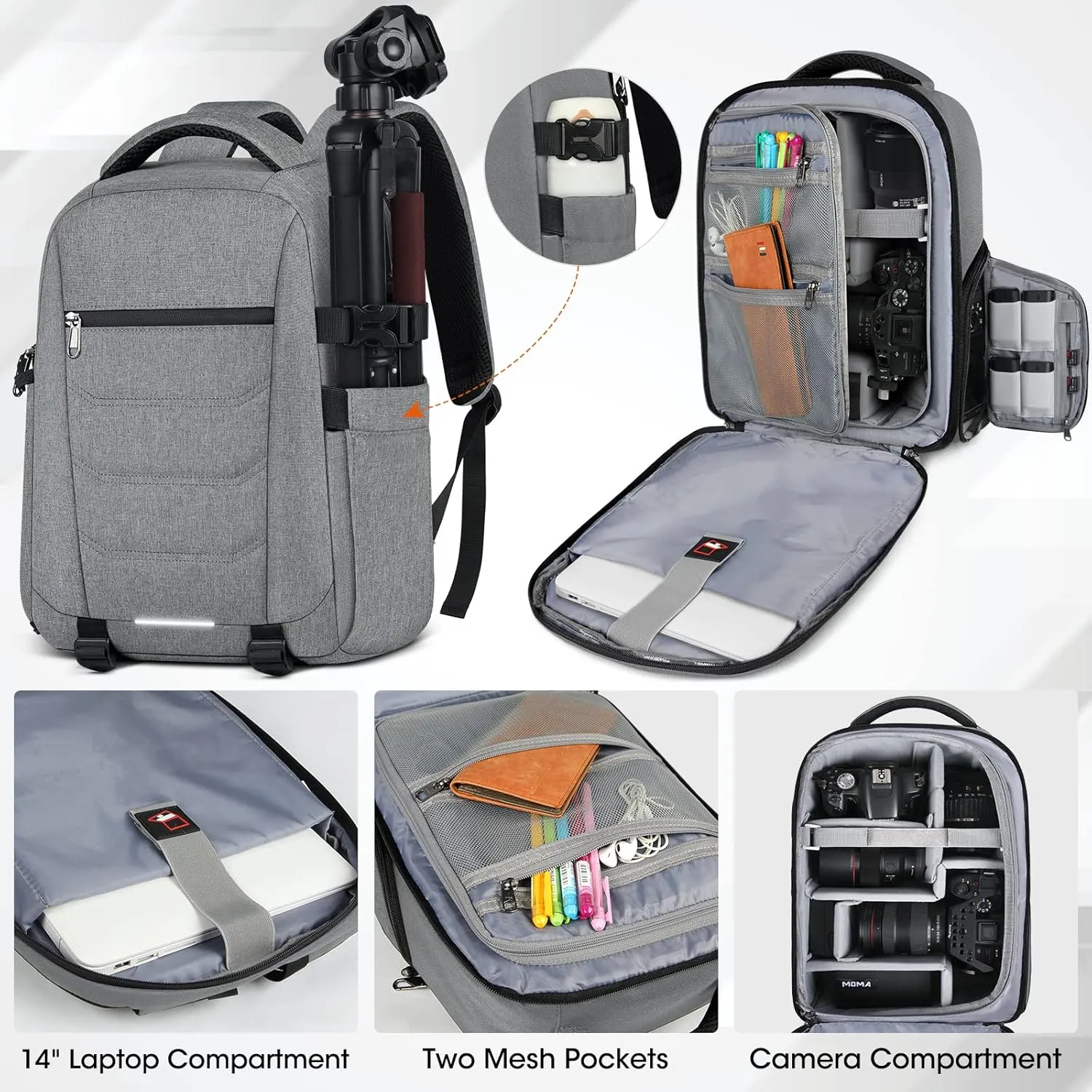SDYSM Camera Bag Backpack Professional for DSLR SLR Mirrorless Camera Waterproof Laptop Back Pack 14 Inch with Rain Cover Anti Theft Travel Case Large Capacity Photography Backpack Grey