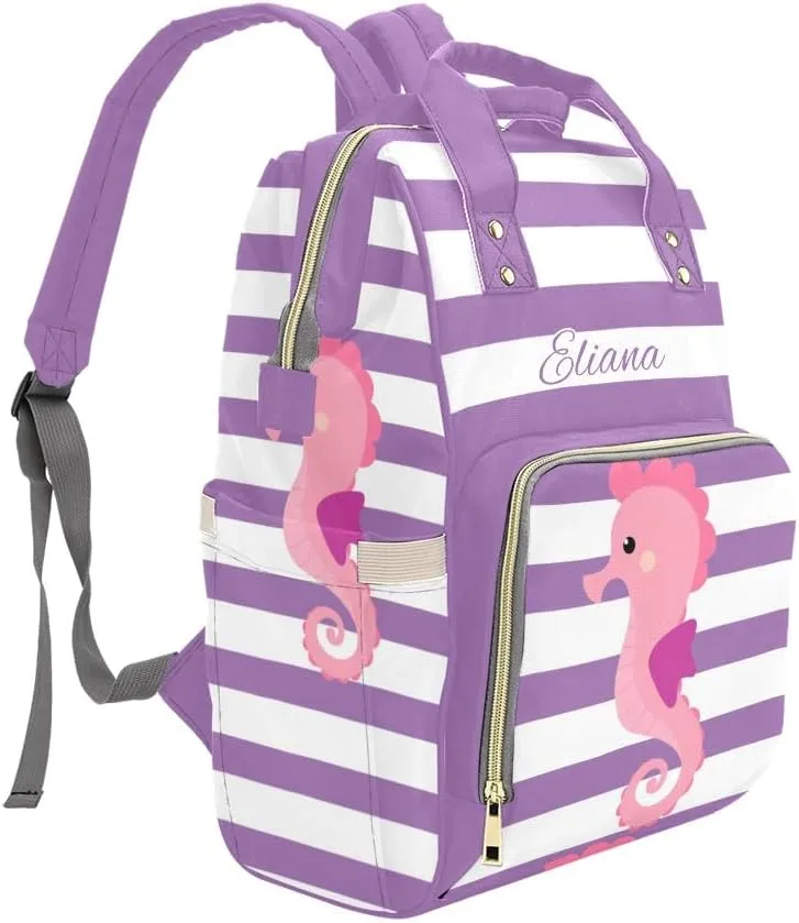 Seahorse Purple Stripes Personalized Diaper Backpack Custom Name Multi Function Diaper Bag Travel Daypack Nursing Nappy Baby Bag