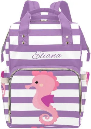 Seahorse Purple Stripes Personalized Diaper Backpack Custom Name Multi Function Diaper Bag Travel Daypack Nursing Nappy Baby Bag