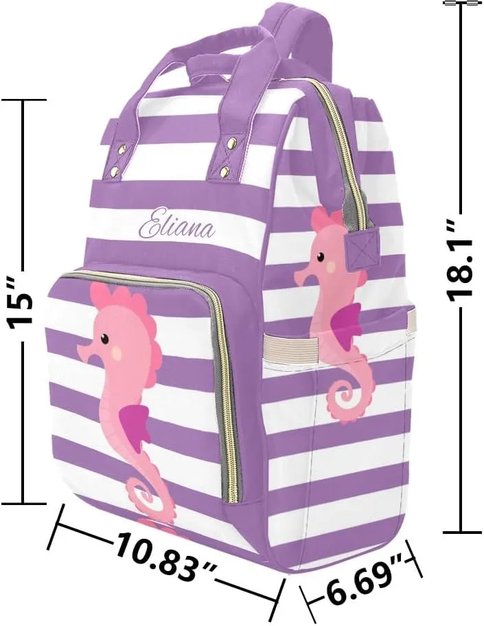 Seahorse Purple Stripes Personalized Diaper Backpack Custom Name Multi Function Diaper Bag Travel Daypack Nursing Nappy Baby Bag
