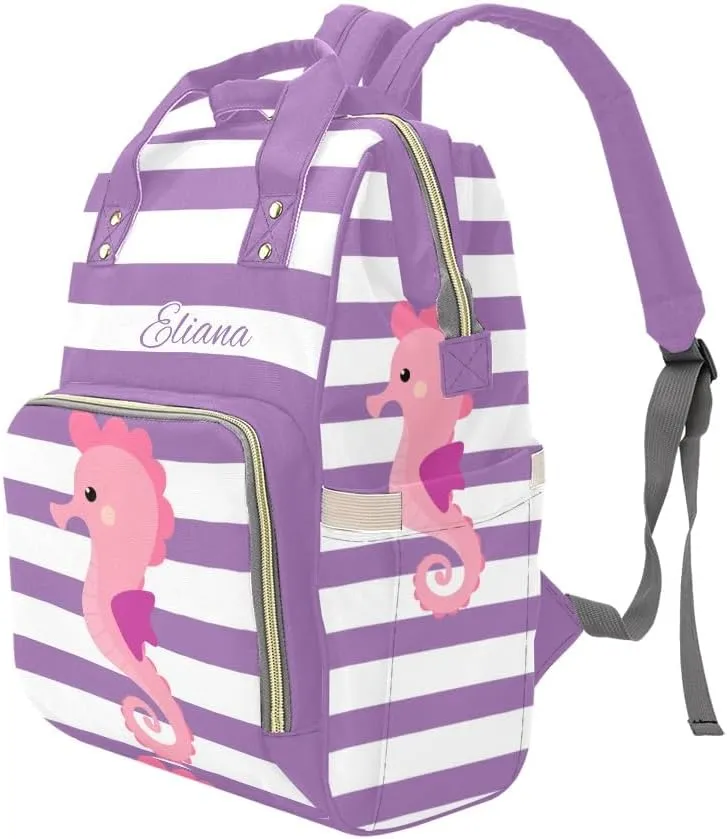Seahorse Purple Stripes Personalized Diaper Backpack Custom Name Multi Function Diaper Bag Travel Daypack Nursing Nappy Baby Bag