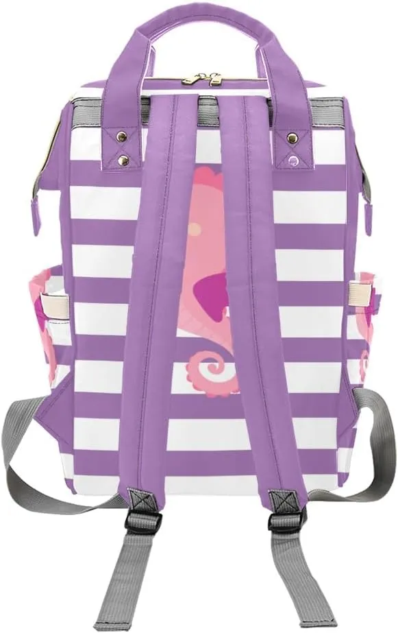 Seahorse Purple Stripes Personalized Diaper Backpack Custom Name Multi Function Diaper Bag Travel Daypack Nursing Nappy Baby Bag