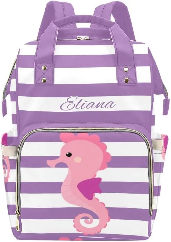Seahorse Purple Stripes Personalized Diaper Backpack Custom Name Multi Function Diaper Bag Travel Daypack Nursing Nappy Baby Bag