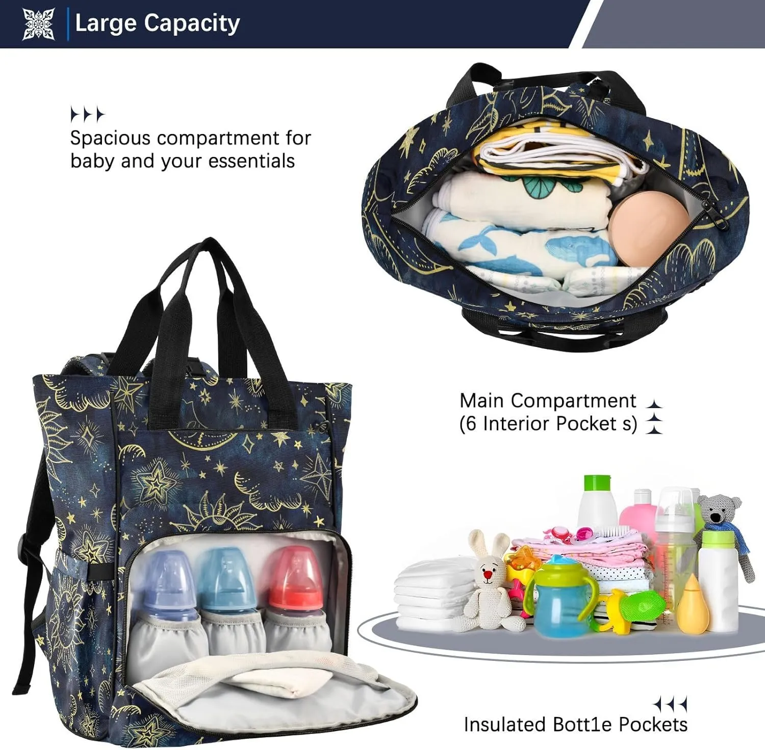 senya Diaper Bag Backpack, Sun Moon Boho Cosmos Astrology Multifunction Travel Bag for Moms Dads