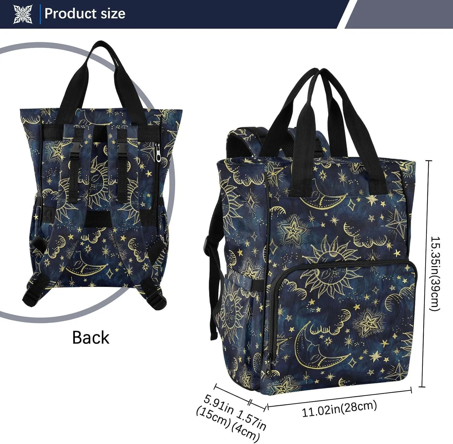 senya Diaper Bag Backpack, Sun Moon Boho Cosmos Astrology Multifunction Travel Bag for Moms Dads