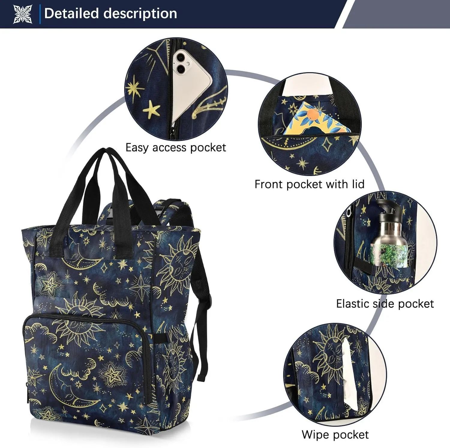 senya Diaper Bag Backpack, Sun Moon Boho Cosmos Astrology Multifunction Travel Bag for Moms Dads