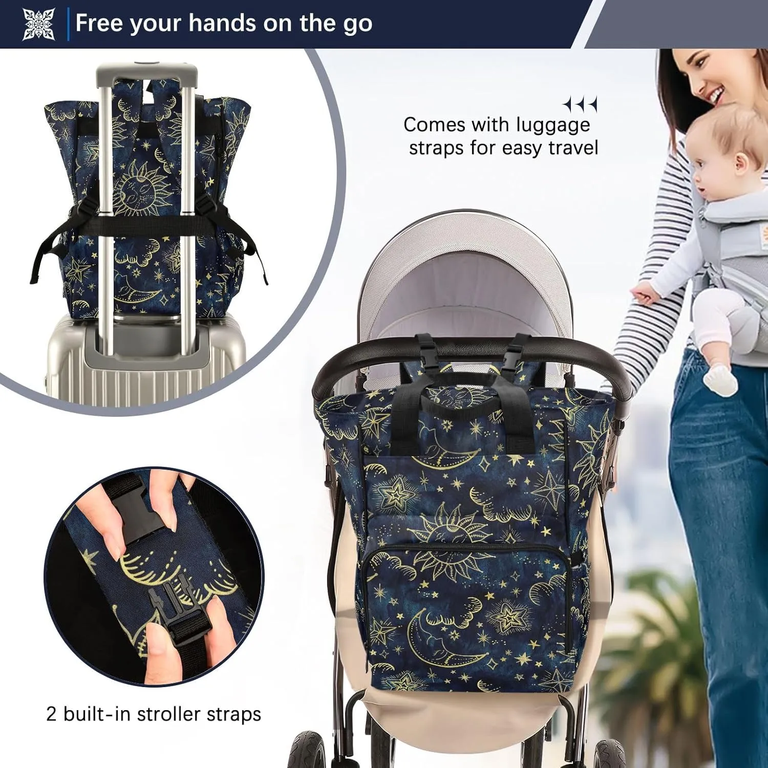 senya Diaper Bag Backpack, Sun Moon Boho Cosmos Astrology Multifunction Travel Bag for Moms Dads