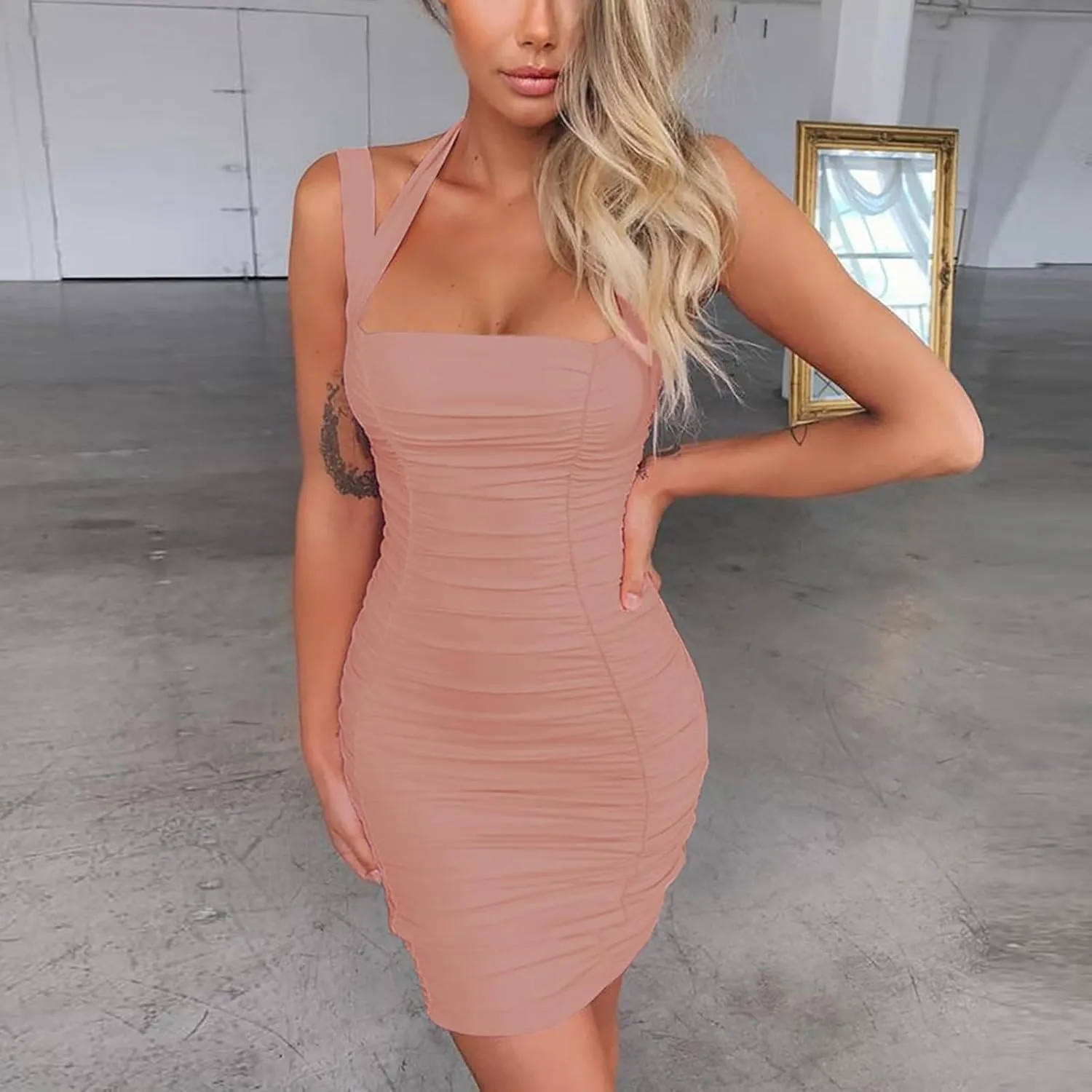 Sexy Slimming Straps Neckline Dress for Women Casual Round Neck Tummy Control Solid Dresses Shapewear Outdoor Cocktail