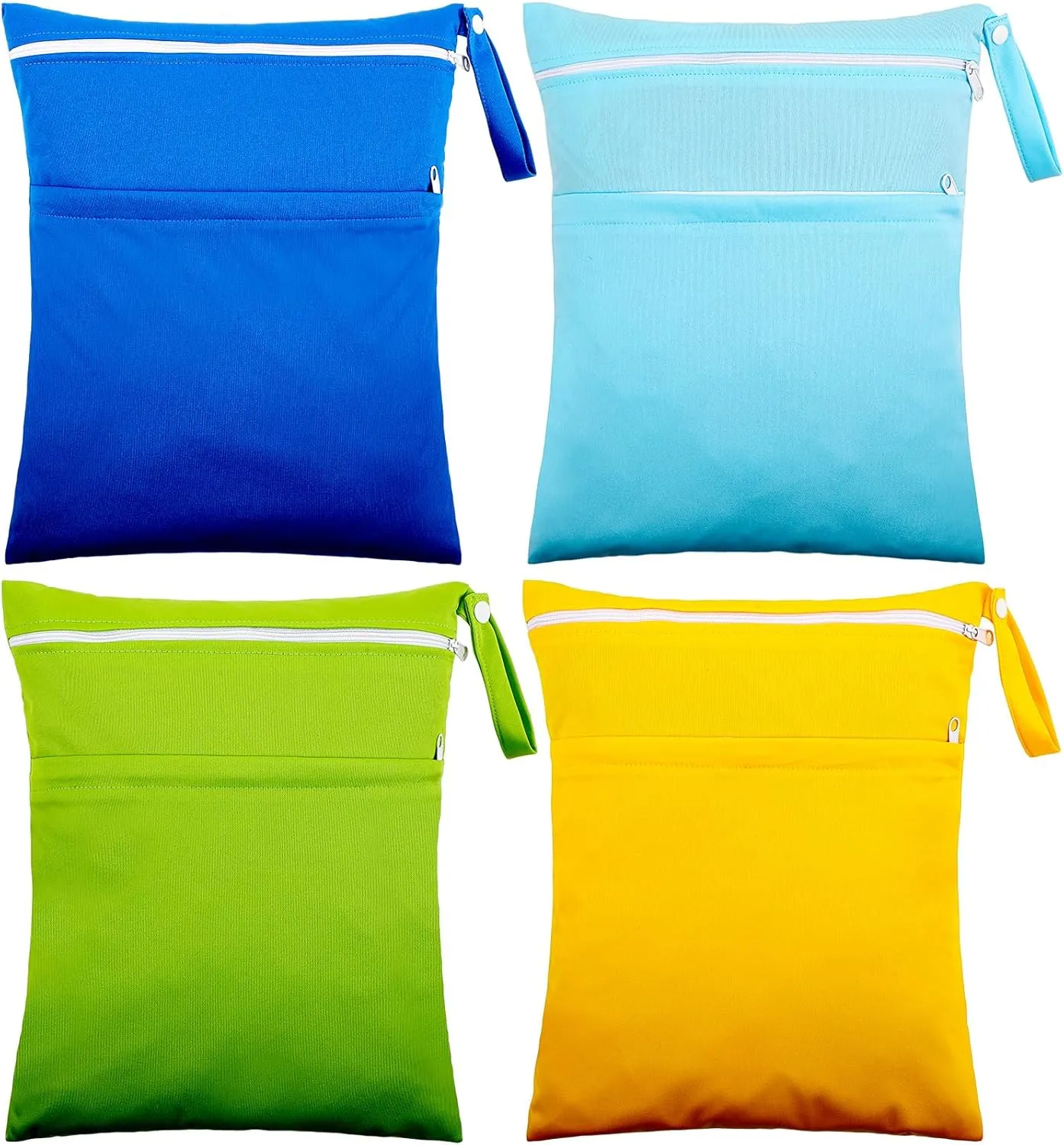 Shappy 4 Pcs Wet Dry Bag for Baby Cloth Diapers Waterproof Wet Bag Washable Travel Reusable with 2 Pocket for Travel Beach Pool(Sky Blue, Yellow, Green, Navy Blue)