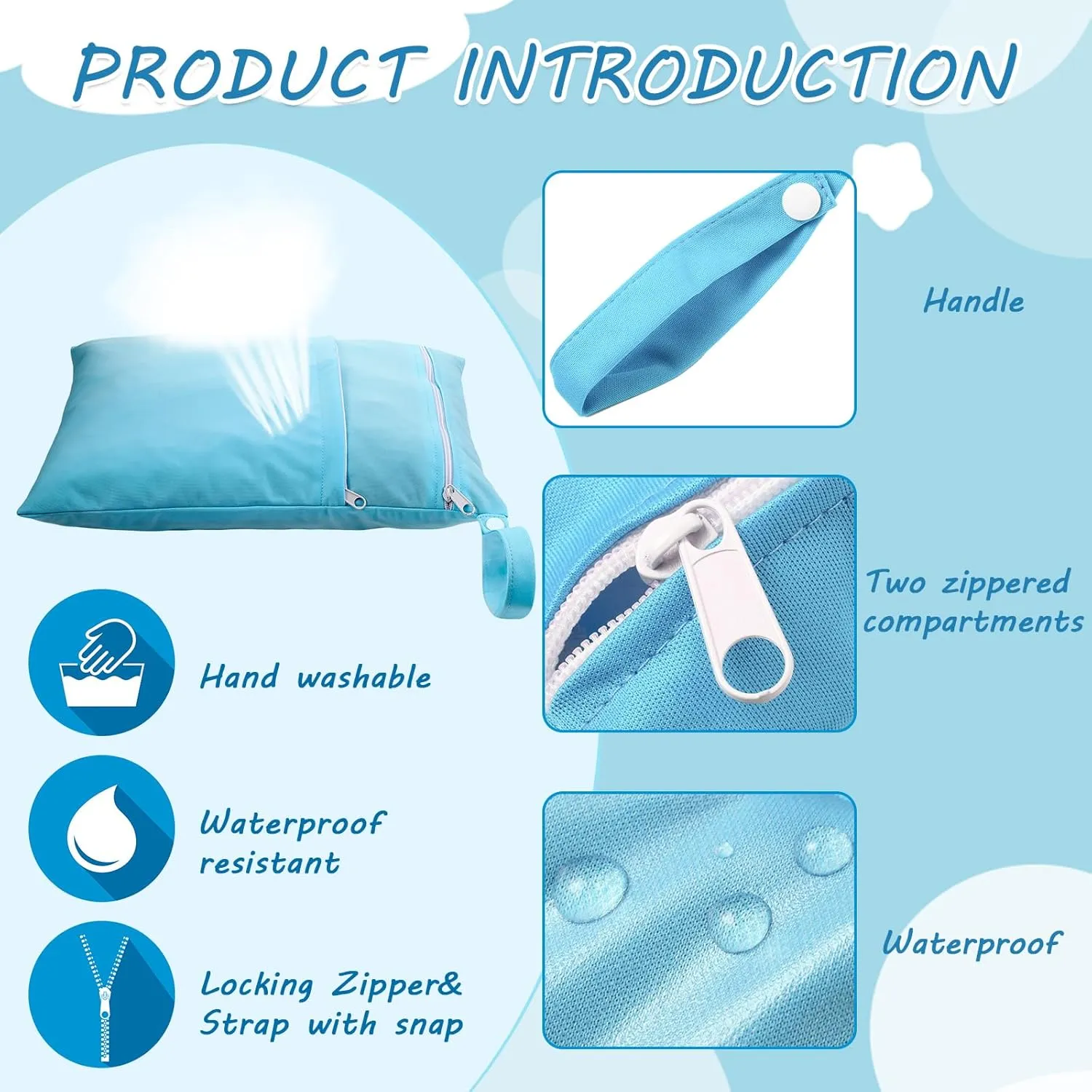 Shappy 4 Pcs Wet Dry Bag for Baby Cloth Diapers Waterproof Wet Bag Washable Travel Reusable with 2 Pocket for Travel Beach Pool(Sky Blue, Yellow, Green, Navy Blue)