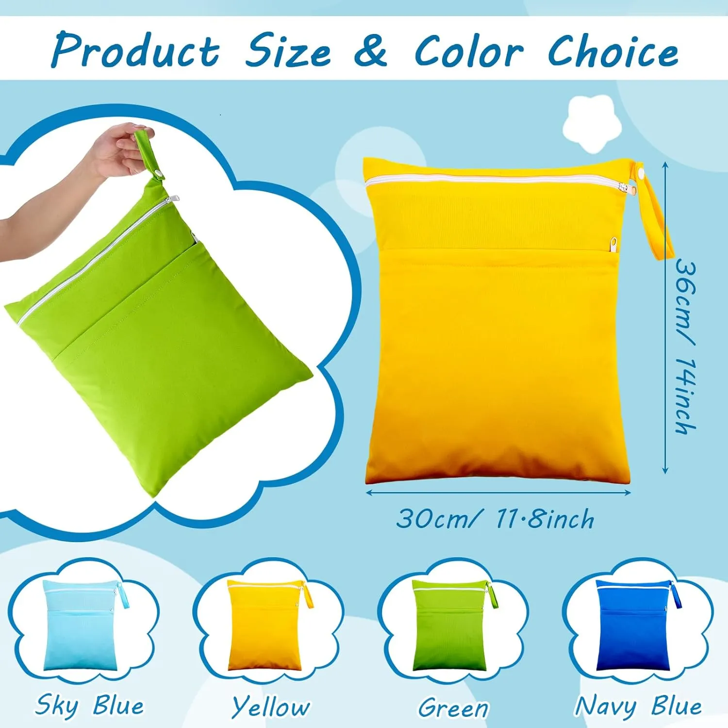 Shappy 4 Pcs Wet Dry Bag for Baby Cloth Diapers Waterproof Wet Bag Washable Travel Reusable with 2 Pocket for Travel Beach Pool(Sky Blue, Yellow, Green, Navy Blue)