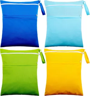 Shappy 4 Pcs Wet Dry Bag for Baby Cloth Diapers Waterproof Wet Bag Washable Travel Reusable with 2 Pocket for Travel Beach Pool(Sky Blue, Yellow, Green, Navy Blue)