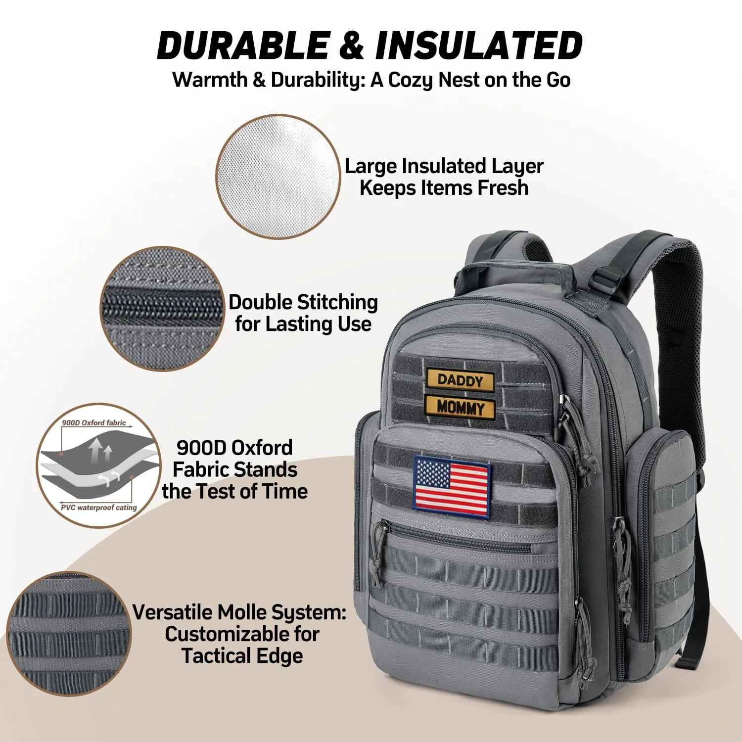 SHARKMOUTH Diaper Bag with Changing Pad - Large Military Baby Diaper Backpack for Hiking Travel Camping - Army Style for Men Active Dad Gray