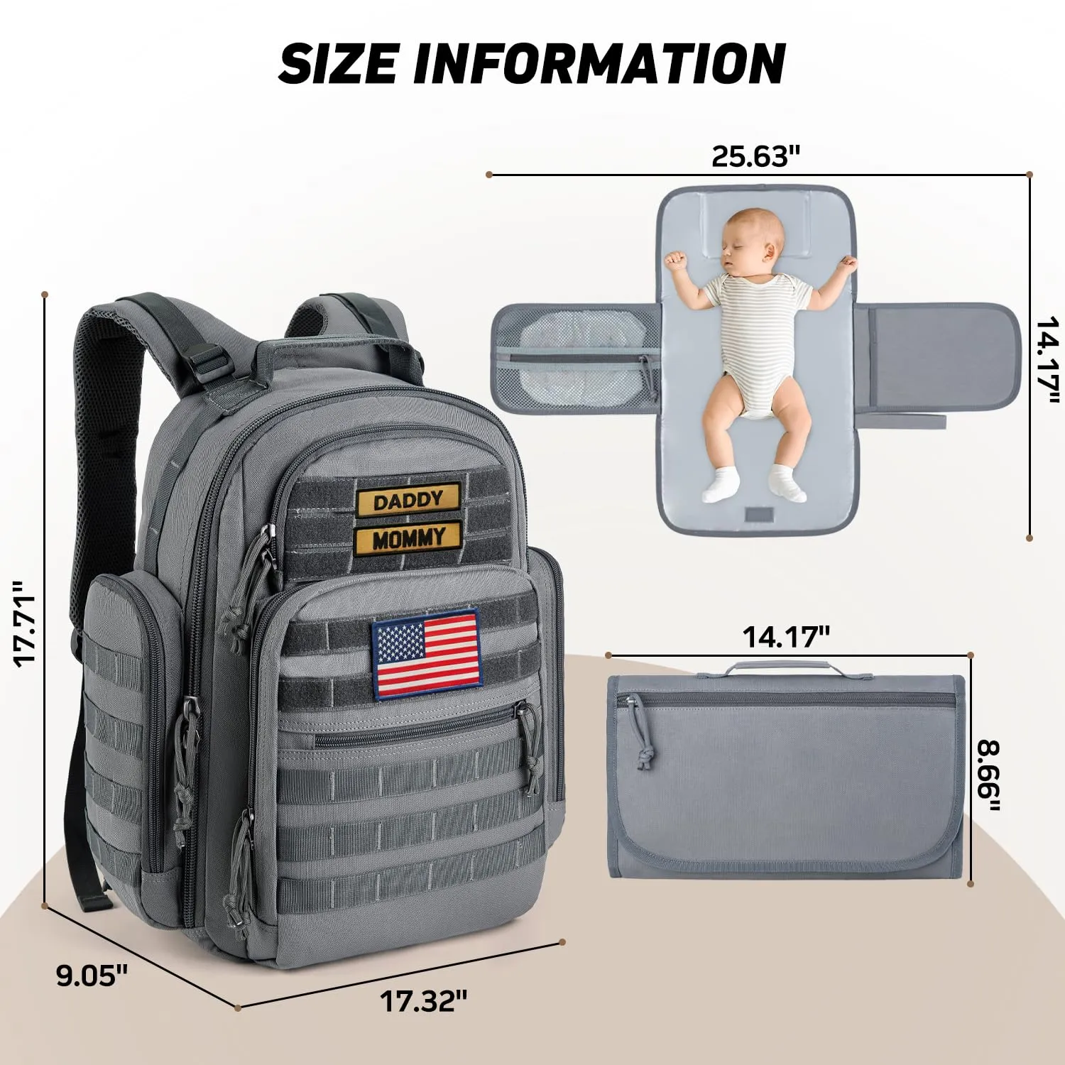 SHARKMOUTH Diaper Bag with Changing Pad - Large Military Baby Diaper Backpack for Hiking Travel Camping - Army Style for Men Active Dad Gray