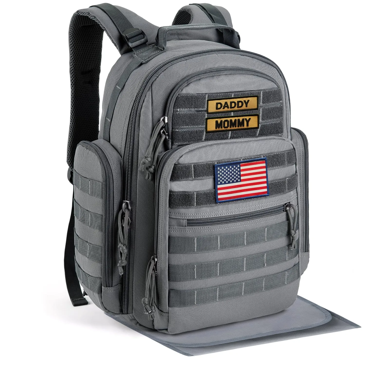 SHARKMOUTH Diaper Bag with Changing Pad - Large Military Baby Diaper Backpack for Hiking Travel Camping - Army Style for Men Active Dad Gray