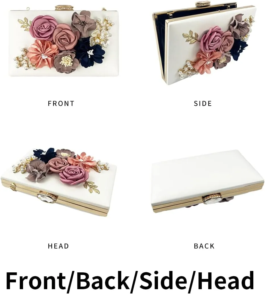 Shiiriin Women's 3D Floral Pearl Clutch Purse perfect for Bridal, Wedding, evening and Parties
