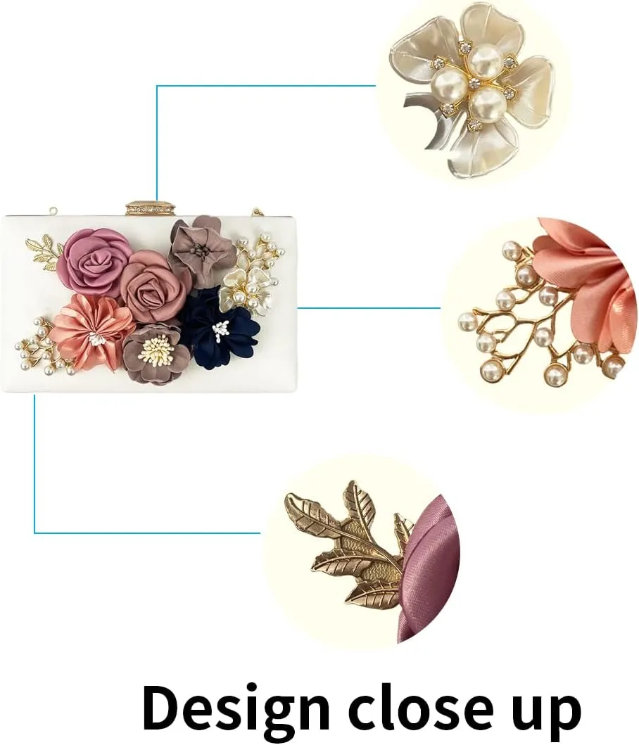 Shiiriin Women's 3D Floral Pearl Clutch Purse perfect for Bridal, Wedding, evening and Parties