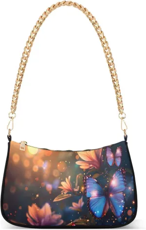 Shoulder Bags for Women Flying Fantasy Fabulous Butterflies with Mystical Flowers Hobo Tote Handbag Small Clutch Purse with Zipper Closure