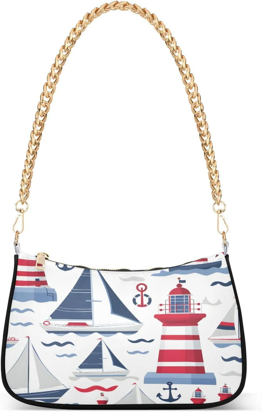 Shoulder Bags for Women Lighthouse and Yacht Vector Illustration Hobo Tote Handbag Small Clutch Purse with Zipper Closure