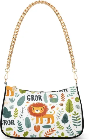 Shoulder Bags for Women Lion Leaves Branches and Words Grrr and Roar on White Background Hobo Tote Handbag Small Clutch Purse with Zipper Closure