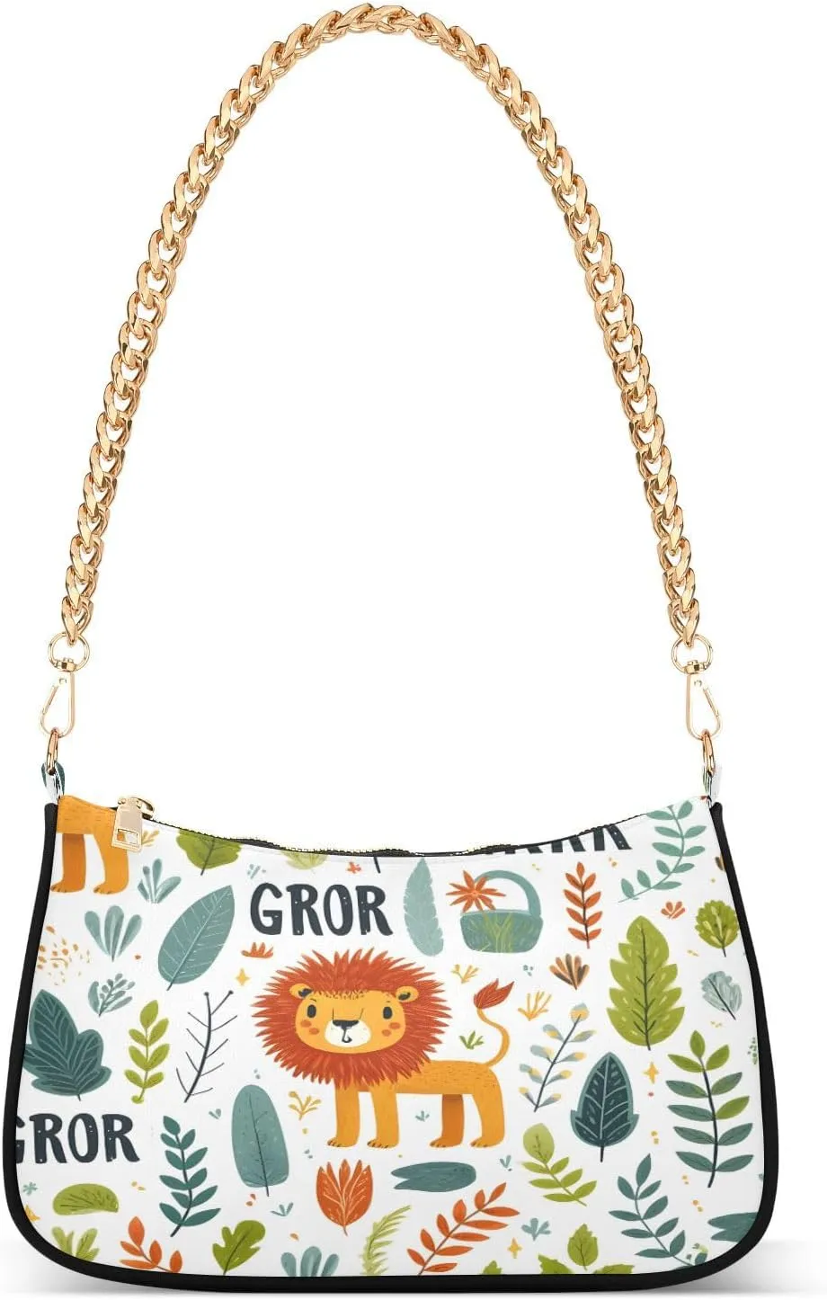 Shoulder Bags for Women Lion Leaves Branches and Words Grrr and Roar on White Background Hobo Tote Handbag Small Clutch Purse with Zipper Closure