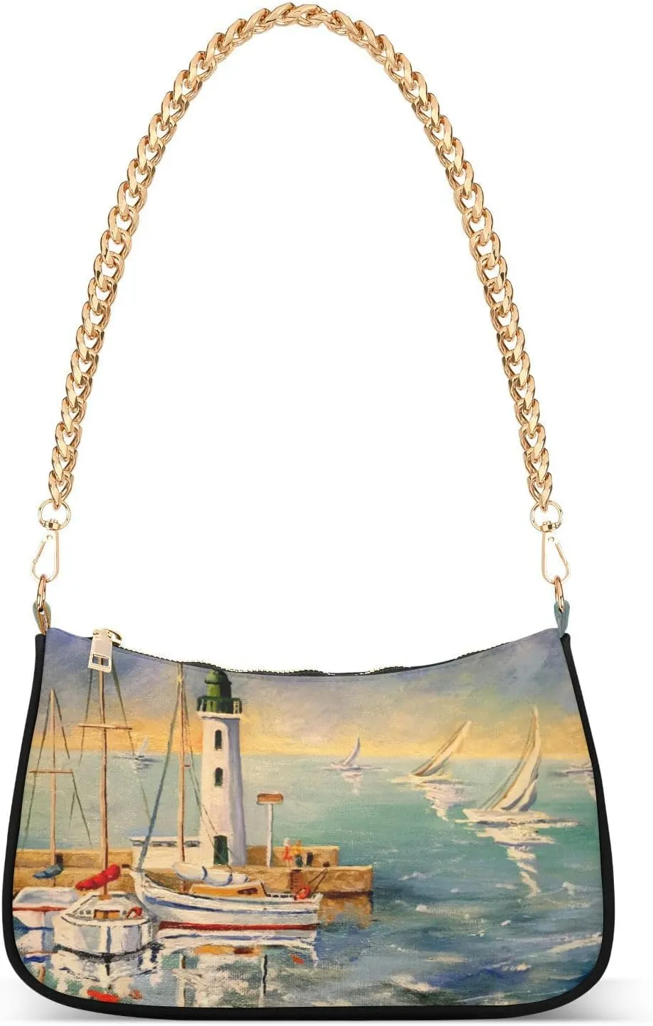 Shoulder Bags for Women Seascape with Boats and Lighthouse Hobo Tote Handbag Small Clutch Purse with Zipper Closure