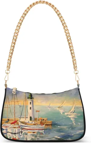 Shoulder Bags for Women Seascape with Boats and Lighthouse Hobo Tote Handbag Small Clutch Purse with Zipper Closure