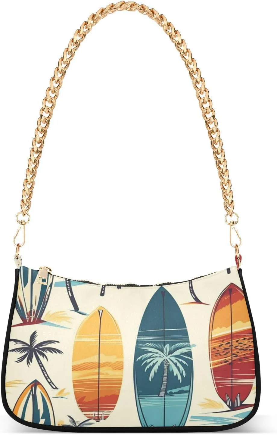 Shoulder Bags for Women Surfboard Palm Trees Hobo Tote Handbag Small Clutch Purse with Zipper Closure